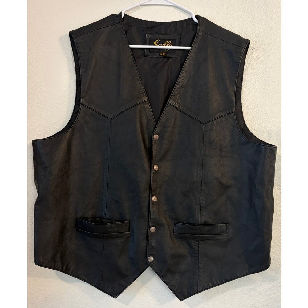 Scully Black Leather Western Vest Men's XXL Snap Front Cowboy Biker Ranch Wear